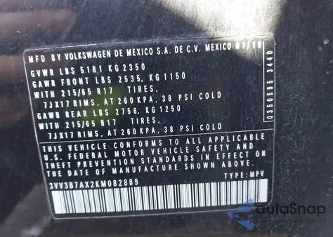 2019 Volkswagen Tiguan 2.0T Se/2.0T Sel/2.0T Sel R-Line/2.0T Sel R-Line Black from USA, damaged, VIN 3VV3B7AX2KM082889